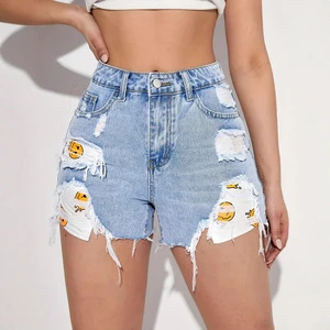 Spring/Summer Denim Shorts Hot Pants High-Waisted Frayed Hem Ripped Korean Style Loose-Fit Casual Elegant Shorts