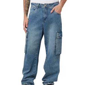 Men's Washed Denim Cargo Jeans Mid Waist Loose Casual Boot Cut Y2K Hip Hop Winter Outdoor Pants