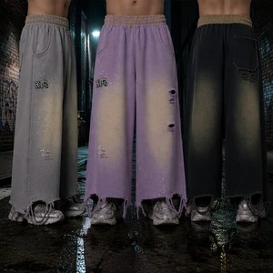 Streetwear Lavender Acid Wash Baggy Trousers Vintage Letter Embroidered Wide Leg Pants Unisex Distressed Oversized Casual Pants