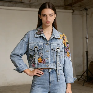 Custom Women's Denim Sets New Style Casual Embroidered Floral Sequin Womens Denim Jacket Tops