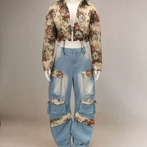 Fall Winter Matching Patchwork Crop Floral Jacket Cargo Denim Jeans 2 Two-piece Suit Top and Pant Women's Denim Sets