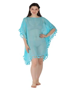 Women Beach Swimsuit Cover-up four side tassel pattern boat neckline swimwear beachwear caftan see through bikini cover up dress