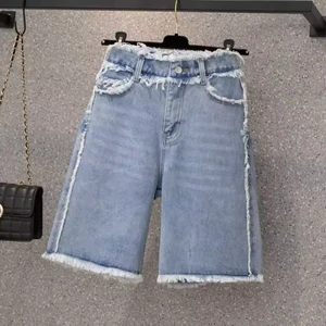 ZY Manufacturer Women's Summer Distressed Washed Solid Denim Shorts Custom Logo Embroidery Blank Fringed Jean Shorts for Women