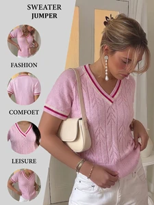Women's V-Neck Short Sleeve Knit Sweater Soft Preppy Style Pullover Top Casual Lightweight Summer Sweater OEM/ODM Factory Direct