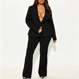 Custom Plus Size Black Suit Set for Women Long Sleeve Deep V Blazer Wide Leg Pants Factory Wholesale OEM ODM Bulk Manufacturer