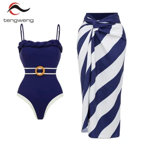 TW 2026 New Design Customized Women's Solid One Piece Bikini with Striped Beach Cover up Fashionable Bandeau Swimwear Beachwear