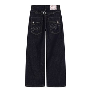 American-style Retro Edgy Design Floral Print -edge Patchwork Water-washed Polyester/Cotton Womens Loose-fitting Jeans
