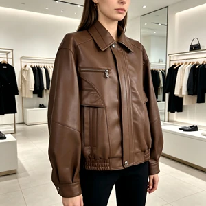 Women's Brown Plus-Size Leather Jacket Elastic Hem Casual Zipper Leather Jacket Factory Custom Leather Jacket