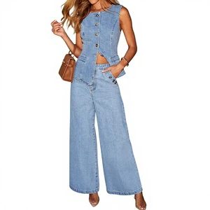 Women Two Piece Set Wholesale New Fashionable Denim Sleeveless Vest Wide Leg Pants Set Women's Denim Casual Suit Women's Sets