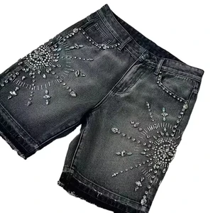 Manufacture Custom Vintage Washed Embossed 100% Cotton Denim Shorts Heavy Loose Fit Beadt Baggy Jeans Short Pants for Men