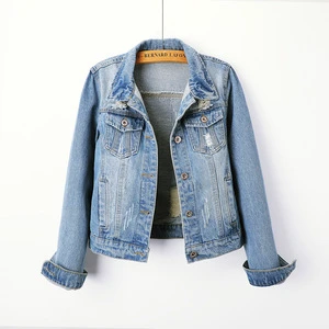Custom Women's Solid Pattern Casual Style Winter Season Denim Jeans Coats Jacket with Front Logo Finished Processing