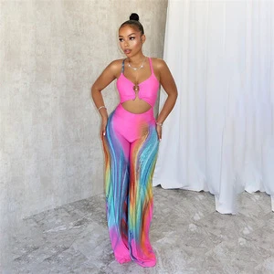 2024 Hot Selling Fashion Summer New Sexy Tight Backless Contrast Color Low-cut Strap High Waist Jumpsuit