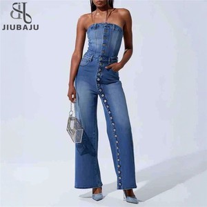 Multi Button Women's Jeans Jumpsuit High Waist Casual Elegant Streetwear Fashion Denim Overall