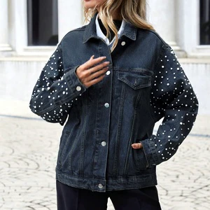 LARSUR Custom Factory Studded Pearl Denim Jacket Distress Wash Button up Long Sleeves Jeans Jacket Coat for Women