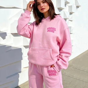Manufacturers OEM Custom LOGO Pink 3d Puff Print Women's Streetwear for Sweatpants Pullover Oversized Hoodie and Joggers Set