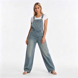 Women's Vintage Wash Denim Overalls High Relaxed Straight-Leg Mid Waist Y2K Washable Jumpsuit Adjustable Strap Button