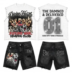 High Quality Denim Graphic Heavyweight T-Shirt Set Men Summer Gym Wear 2-Piece Shorts Tee Wholesale Custom Apparel