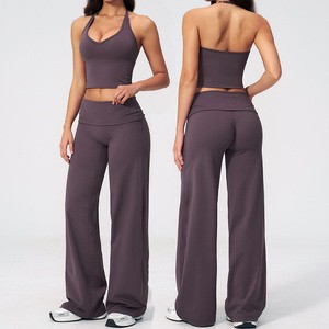 Women Halter V Neck Yoga Set Slim Open Back Rolled Waistband Fitness Running Casual Workout Sports Suit