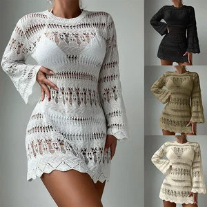 New European and American style beach cover-up, hollow mesh long-sleeve sun protection shirt, Hawaiian vacation bikini cover-up
