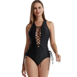 Women's Sexy Slim Solid One-Piece Swimsuit with Deep V Neck Lace up Front Drawstring Back Nylon Material