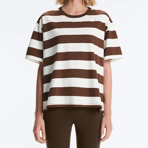 Retro Neutral Casual Daily Top Women Wide Striped Oversized T-Shirt Loose Crew Neck Drop Shoulder Short Sleeve Tee