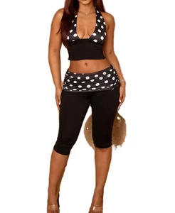 Summer Beachwear Sexy Polka Dot Digital Printing Halter Tank Top And Skinny Ruched Waist Crop Pants Outfit Women's 2-Piece Set
