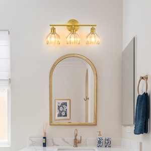 3-Light Amber Tulip Glass Vanity Light Brushed Gold Vintage Bathroom Wall Sconce Antique Brass Hardwired Wall Lamp For Mirror