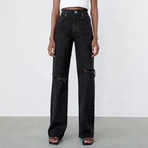 High Rise Ripped Mom Jeans High Quality Black Oem Jean 100% Cotton Custom Logo Denim Jeans