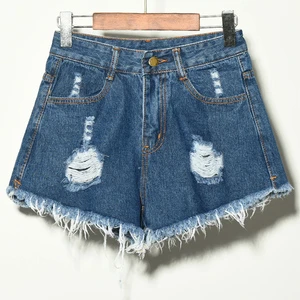 Women's Vintage Ripped Hole Fringe Denim Shorts Plus Size Casual Hot Oversized Summer Shorts with Waist Logo Wholesale