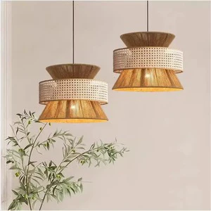 MSZ Japanese Wabi-sabi Style Bamboo Rattan Chandelier Lamp Multiple Layers Dimmable 360 Beam Decorative Hanging Pendant Living
