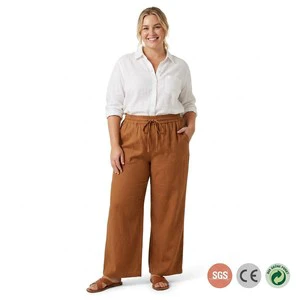 Custom Cinnamon Cotton Linen Wide Leg Pants Women Plus Size High Waist Drawcord Casual Beach Resort Trousers AU Size 14 To 26