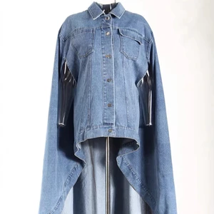 Retro Design Loose Single Breasted Cape Style Top for Women New Washed and Worn Denim Jacket