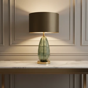 Modern Luxury Art Glass Table Lamp with Fabric Shade Vintage Green Bedside Light for Living Room Decor