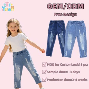 Custom Eco-Friendly Breathable Quick Dry Selvedge Denim Casual Pants For Kids Girls Ripped Design Straight Leg Full Length