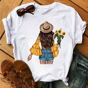 Fashion Summer Blouse Women Printed Crew Neck White t Shirts Casual Short Sleeves Woman Tshirt
