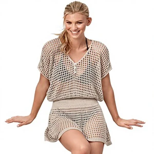 Beach Cover-Up Chiffon Mesh Hollow-Out Knit Design Vacation Bikini Cover-Up Discharge Printed Leopard Pattern Sun Protection