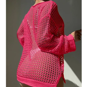 2025 Women's High Quality Oversized Swim Bikini Cover Shirt Stretchy Crochet Beach Dress Sun Protective Covering Resort Tunic