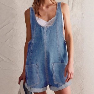 Europe United States Denim Women's Strap Overalls Summer Loose Streetwear Bleach Wash