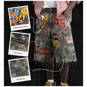 Men's American Retro Denim Shorts Unisex Y2K Harajuku Hip-Hop Cartoon Logo Embroidered Loose-Fit Active Shorts for Men Women