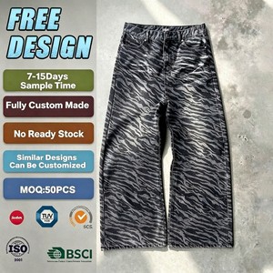 Custom Tiger Stripes Print Breathable Mid-Waist Wide Leg Men's Jeans Vintage Washed Denim Pants Light Wash for Autumn