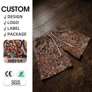 Custom Logo Hip Hop Mid Waist Breathable Tapestry Shorts Men Cotton Polyester Woven Fabric Jacquard Casual Beachwear