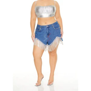 Decorated Pockets and Bottom with Full Rhinestones Women's Mid Wash Denim Shorts Ladies Sexy Party Shorts for Women OEM