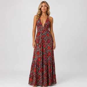 Custom Red Floral Print Halter Deep V Neck Tiered Maxi Dress Bohemian Summer Vacation Beach Long Dress Wholesale OEM/ODM