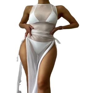 New Crochet Cover up Beach Dress Sling See Through Hollow Out Women Summer Knitted Beachwear Bikini Cover-ups Swimsuit Women