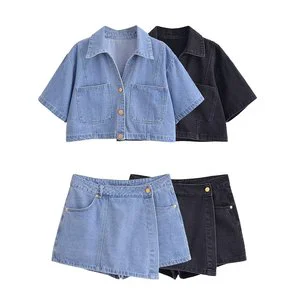 MYST&ZA Women's Clothing 2025 Summer New Casual Simple Versatile Lapel Short Denim Shirt Skirt Suit 1416024 7484062