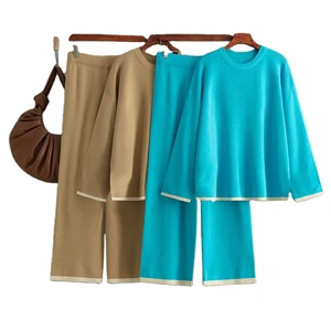 And Winter Knitted Set Clashing Colours Jumper and Loose Pants Casual Two-piece Knit Suit for Women