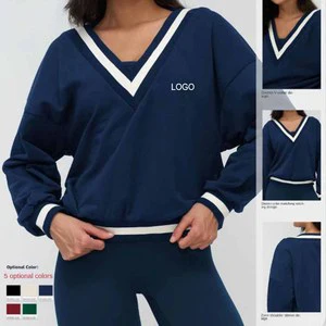Hot Winter Color Contrast Lined Polyester/Cotton Sports Top V-neck Casual Loose Long Sleeve Fashion Sweat Outdoor Running Top