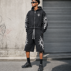 Custom Vintage Acid Washed Heavy Cotton Mens 2 Piece Set Cropped Boxy Fit Zip Up Hoodie And 3/4 Sweat Shorts Tracksuit