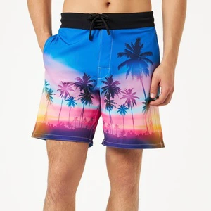 Custom Logo Knee Length Comfort and Stretch Man's Beach Surf Shorts With Palm Print Long Swimming Trunks