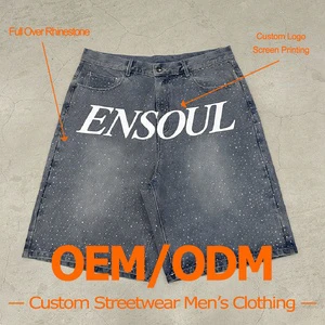 Manufacturer Custom Summer Distressed Denim Streetwear Printed Shorts Monkey Wash Full Over Rhinestones Denim Men Short Jeans